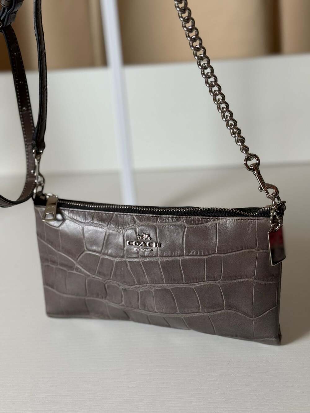 COACH Zip Top KYLIE Crossbody Gray Textural Leather Reptile Print Slim Swing Bag